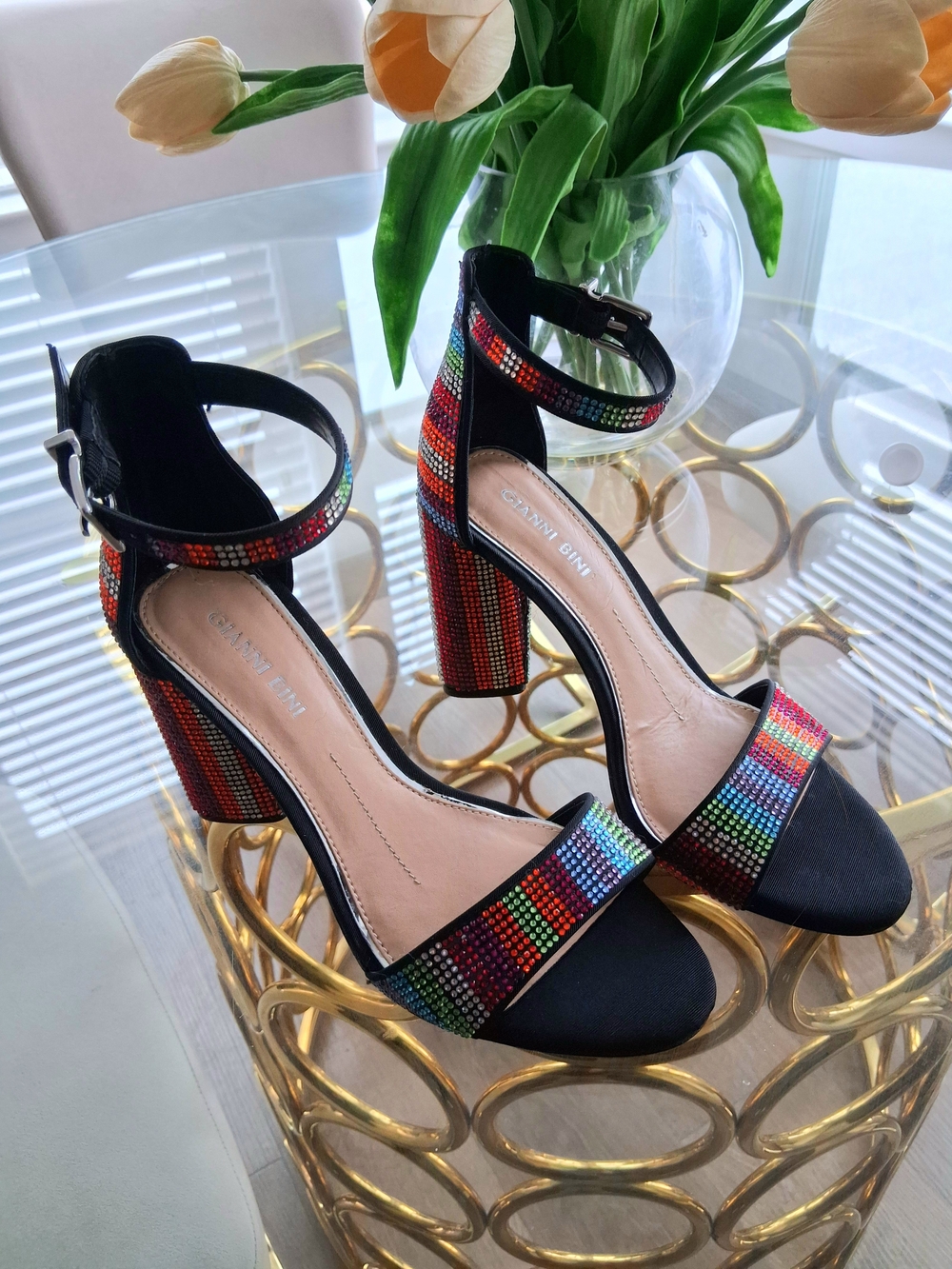 Gianni Bini Black Ankle Strap Heels with Multicolor Rhinestones
